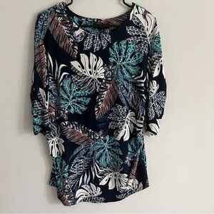 N Touch Navy Blue Colorblock Tropical Leaf Print Ruche Side Blouse